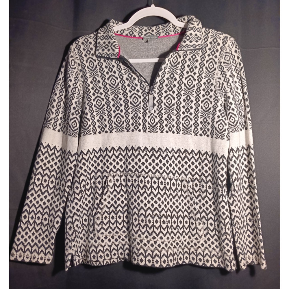 T by Talbots Fair Isle Quarter Zip Women Medium Kangaroo Pocket Sweater